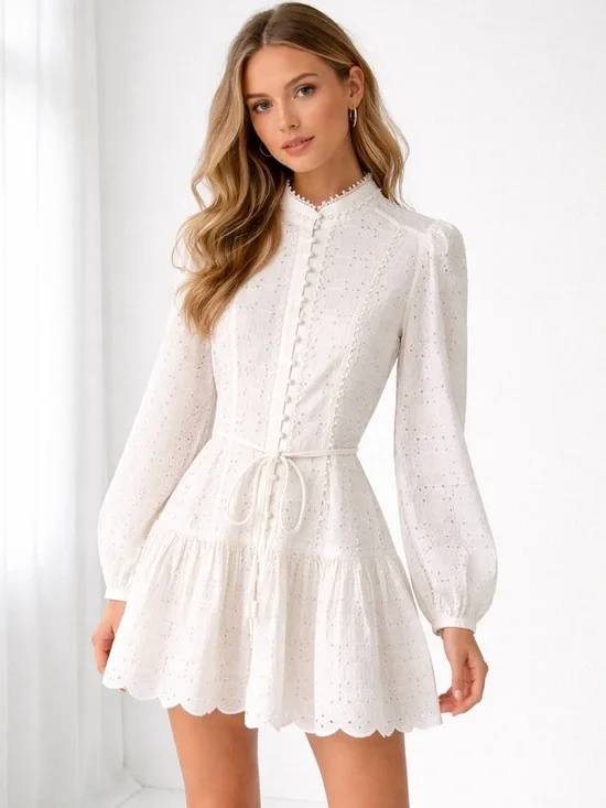 NWT Antonio Melani Brynn Eyelet White Button Front Long Sleeve Tie Waist Dress - Picture 1 of 7